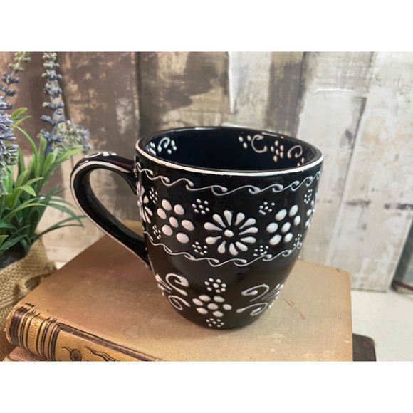 Hand Painted Black & White Dot Floral Ceramic Mug Made in Mexico - Picture 3 of 6